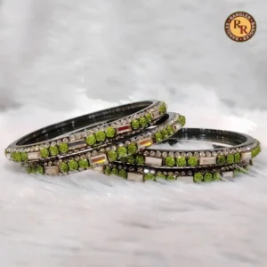 Black Glass Bangle Set | Peridot Green Stone & Baguette Diamond Embellished Modern Glass Bangles | Festive & Party Wear Wholesale Bangles
