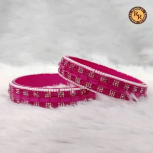 Hot Pink Glass Bangle Set | Silver Square Mirror & Rhinestone Border Embellished Traditional Glass Bangles | Festive & Ethnic Wear Wholesale Bangles