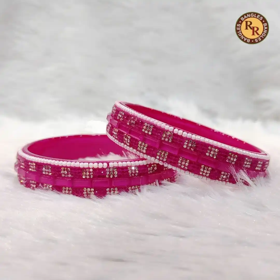 Hot Pink Glass Bangle Set | Silver Square Mirror & Rhinestone Border Embellished Traditional Glass Bangles | Festive & Ethnic Wear Wholesale Bangles