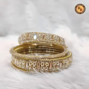 Gold Glass Bangle Set | Dense White Pearl Flower Cluster Embellished Luxury Bridal Glass Bangles | Wedding & Festive Wear Wholesale Bangles