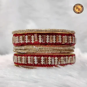Red Glass Bangle Set | White Rectangular Pearl & Gold Rhinestone Border Embellished Bridal Glass Bangles | Wedding & Festive Wear Wholesale Bangles