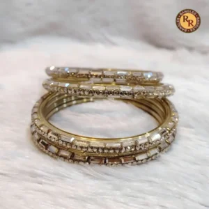 Champagne Ivory Glass Bangle Set | Baguette Diamond & Rhinestone Strip Embellished Minimal Bridal Glass Bangles | Wedding & Festive Wear Wholesale Bangles