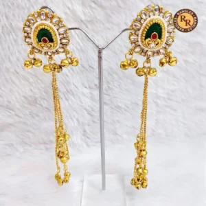 Antique Gold Kundan Green Meenakari Earrings | Ghungroo Cluster Long Chain Tassel Drops