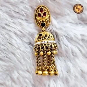 Antique Gold Ruby Black Stone Filigree Jhumka Earrings