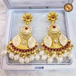 Antique Gold White Meenakari Filigree Chandbali Earrings