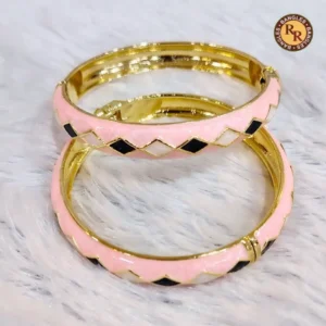 Blush Pink Meenakari Bangle Set | Black & White Diamond Scallop Pattern Gold Base Contemporary Jaipur Meenakari Bangles | Festive & Fusion Ethnic Wear Wholesale Bangles