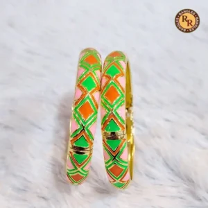 Blush Pink Meenakari Bangle Set | Bright Green & Orange Diamond Argyle Pattern Gold Base Traditional Jaipur Meenakari Bangles | Festive & Fusion Ethnic Wear Wholesale Bangles