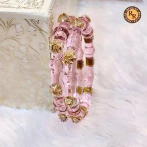 Blush Pink Segmented Glass Bangle Set | Gold Floral Cap Embellished Best Selling Traditional Glass Bangles | Festive & Bridal Wear Wholesale Bangles