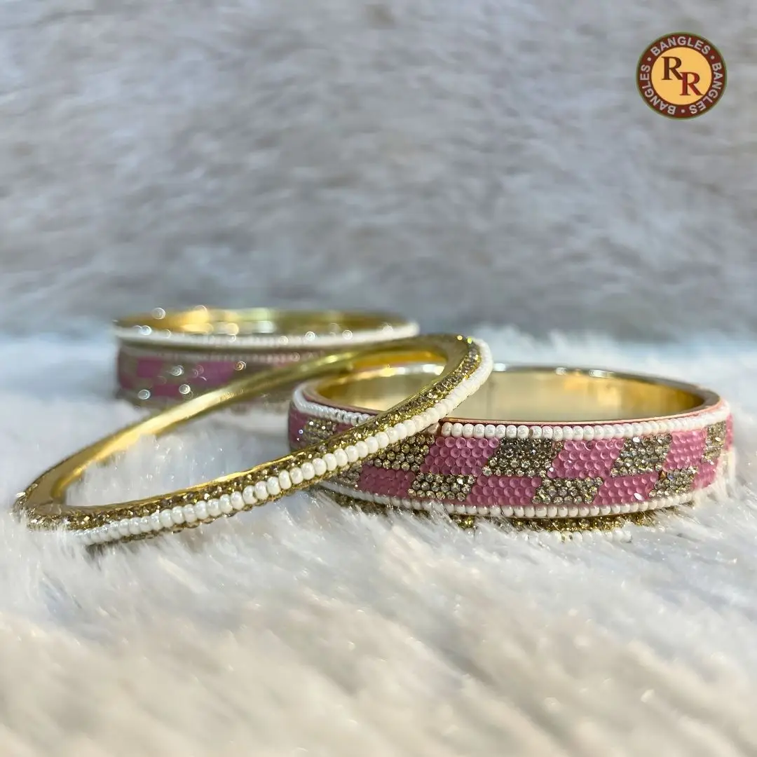 Brass Pink Meenakari Pearl Border Bangle Set | Gold Diamond Work | Wholesale Supplier