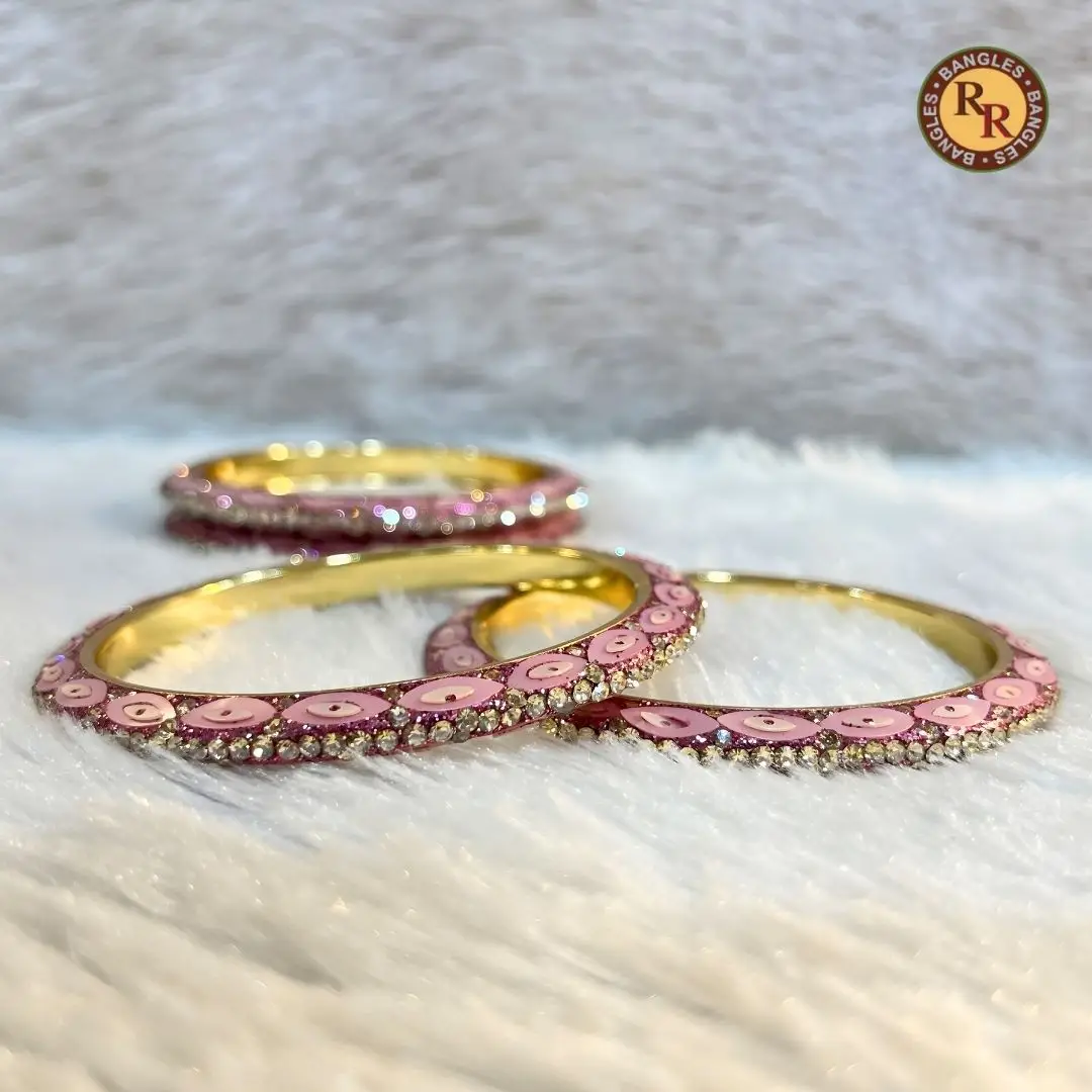 Brass Pink Meenakari Slim Bangle Set of 4 | Crystal Border Gold Tone | Wholesale Supplier