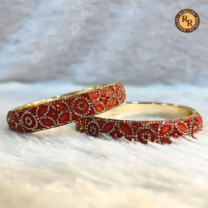 Brass Red Coral Kundan Bangle Set of 2 | Crystal Swirl Floral Work | Wholesale Supplier