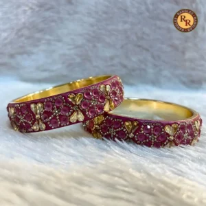 Brass Ruby Stone Kundan Kada Set of 2 | Pink Floral Gold Work | Wholesale Supplier