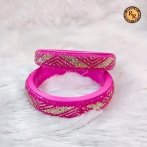 Bright Pink Lac Bangle Set | Silver Rhinestone Geometric Pattern Traditional Lac Bangles | Festive & Party Wear Wholesale Bangles