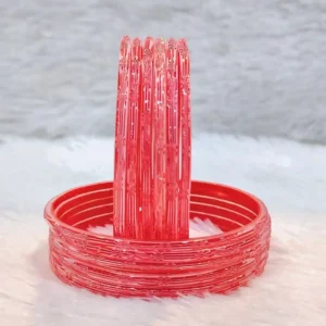 Bright Red Ribbed Texture Transparent Glass Bangle Set | Silver Glitter Shimmer | Bulk Wholesale Supplier Jaipur