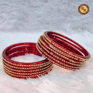 Deep Red Transparent Glass Bangle Set of 12 | Continuous Gold Crystal Rhinestone Line | Wholesale Supplier Jaipur