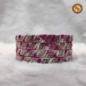 Pink White Diagonal Stripe Glass Bangle Set | Silver Rhinestone Zigzag Pattern Traditional Glass Bangles | Festive & Casual Ethnic Wear Wholesale Bangles