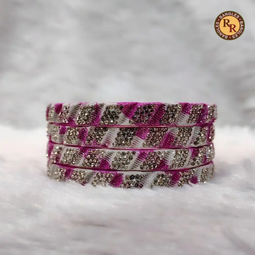 Pink White Diagonal Stripe Glass Bangle Set | Silver Rhinestone Zigzag Pattern Traditional Glass Bangles | Festive & Casual Ethnic Wear Wholesale Bangles