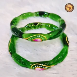 Emerald Green Wavy Glass Bangle Set | Hand Painted Pink Lotus Gold Arc & Pearl Dot Interior Best Selling Designer Glass Bangles | Festive & Ethnic Wear Wholesale Bangles