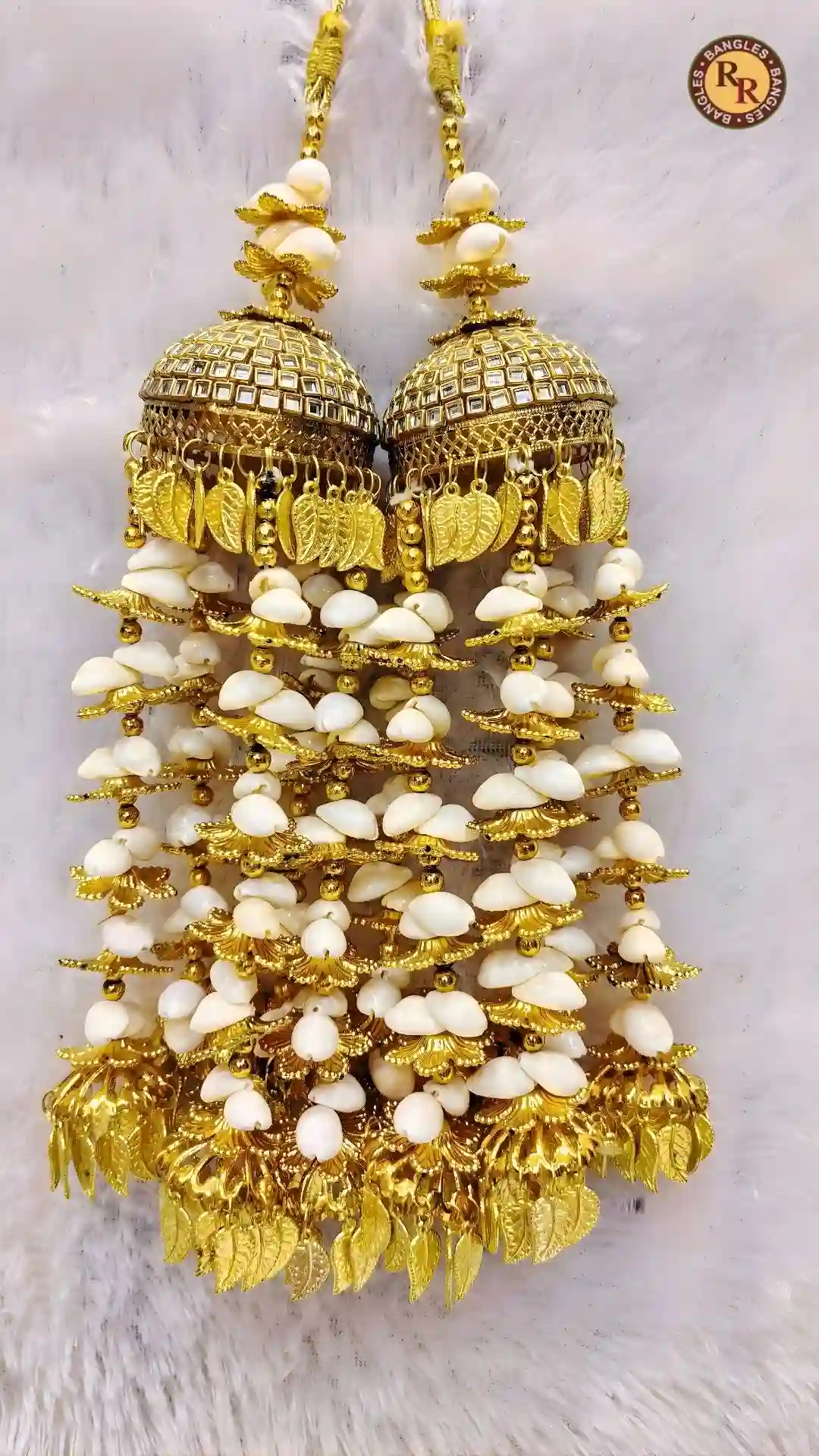 Gold Cowrie Shell Bridal Kalire | Gold Leaf Drop & Cowrie Shell Tassel Jhumka Dome Traditional Kalire | Wedding & Bridal Wear Wholesale Kalire