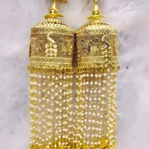 Gold Cylindrical Bridal Kalire | Crystal Bead String & Mini Jhumka Drop Embellished Royal Traditional Kalire | Wedding & Bridal Wear Wholesale Kalire