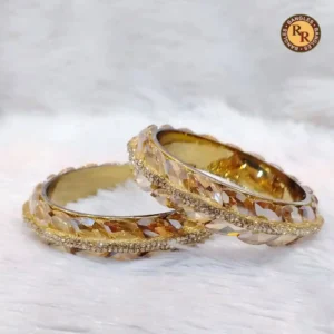 Gold Metal Bangle Set | Transparent Gold Leaf & Diamond Border Broad Metal Bangles | Bridal & Festive Wear Wholesale Bangles