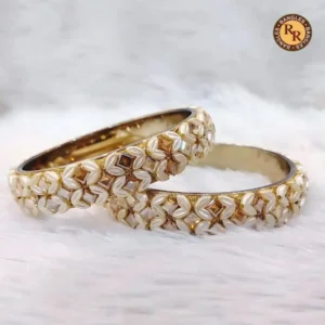 Gold Metal Kada Set | White Floral Shell Work Broad Bridal Kade | Wedding & Traditional Wear Wholesale Bangles