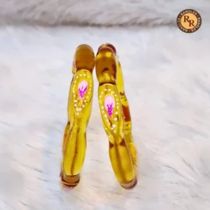 Golden Yellow Segmented Glass Bangle Set | Hand Painted Pink Floral & Pearl Dot Interior Best Selling Designer Glass Bangles | Festive & Haldi Wear Wholesale Bangles