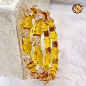 Golden Yellow Transparent Glass Bangles | Crystal Flower Stone Embellished | Wholesale Supplier Jaipur