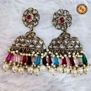 Heavy Kundan Jhumka Earrings with Multicolor Beads