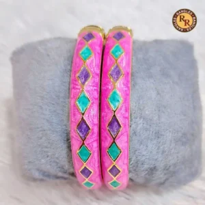 Hot Pink Meenakari Bangle Set | Turquoise & Purple Diamond Argyle Pattern Gold Base Traditional Jaipur Meenakari Bangles | Festive & Navratri Wear Wholesale Bangles