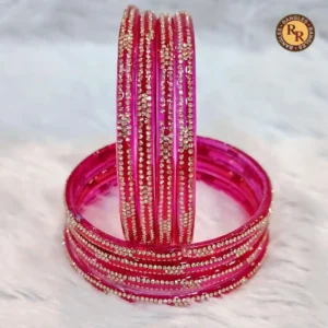 Hot Pink Transparent Glass Bangle Set | Multi-Row Gold Crystal Rhinestone Lines | Wholesale Supplier Jaipur
