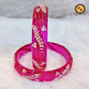 Hot Pink Transparent Glass Bangle Set of 2 | Scattered Crystal Flower Cluster Ribbed Texture | Wholesale Supplier Jaipur