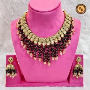 Kundan Choker Bridal Jewellery Set with Maroon Beads | Layered Designer Necklace Set Wholesale