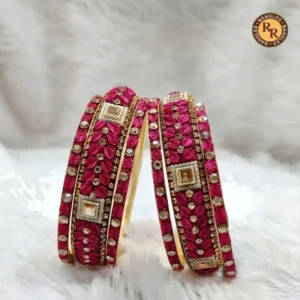 Magenta Chillai Square Polki Kundan Boss Chudi Set | Crystal Accent Gold Base | Wholesale Supplier Jaipur
