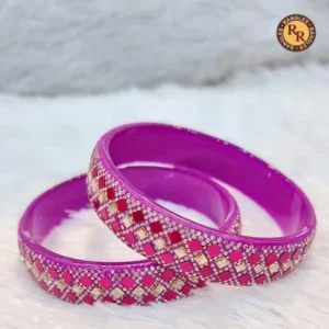 Magenta Lac Mirror Work Bangle Set of 2 Pink Red Champagne Square Tiles Crystal Border Wholesale Supplier Jaipur