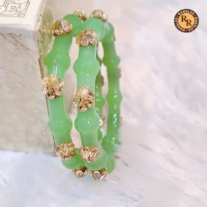 Mint Jade Green Glass Bangles | Champagne Crystal Flower Stone Gold Setting | Wholesale Supplier Jaipur