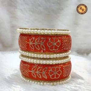 Orange Chillai Boss Chudi Set | Gold Crystal Floral Leaf Work Pearl Border | Wholesale Supplier Jaipur