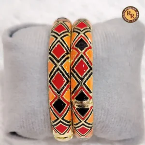 Orange Meenakari Bangle Set | Red & Black Overlapping Diamond Geometric Pattern Gold Base Traditional Jaipur Meenakari Bangles | Festive & Ethnic Wear Wholesale Bangles