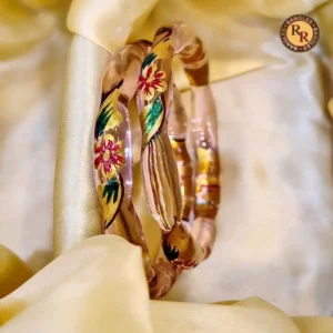 Peach Transparent Twisted Glass Bangle Set | Multicolor Hand Painted Botanical Floral Best Selling Designer Glass Bangles | Festive & Bridal Wear Wholesale Bangles