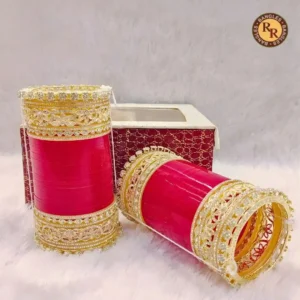 Pink Imitation Bridal Bangle Set | Heavy Gold Filigree Border Embellished Luxury Imitation Bridal Set with Gift Box | Wedding & Bridal Wear Wholesale Bridal Set