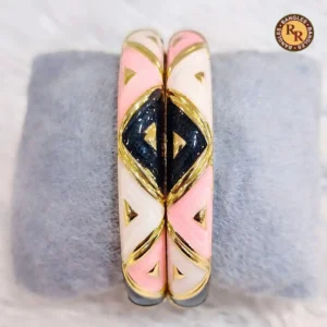 Pink White & Black Geometric Meenakari Bangle Set | Bold Diamond Pattern Gold Outline Contemporary Jaipur Meenakari Bangles | Festive & Fusion Ethnic Wear Wholesale Bangles