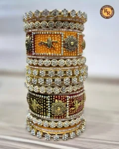 Rajwadi Antique Gold Lac Bridal Chura Set | Parrot Motif Orange Maroon | Wholesale Supplier
