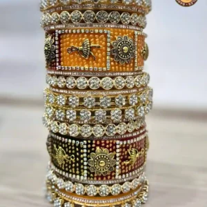 Rajwadi Antique Gold Lac Bridal Chura Set | Parrot Motif Orange Maroon | Wholesale Supplier