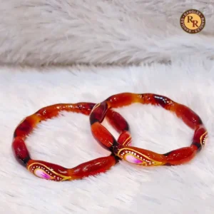 Red Amber Segmented Glass Bangle Set | Hand Painted Gold Vine Pink Floral & Pearl Dot Interior Best Selling Designer Glass Bangles | Festive & Bridal Wear Wholesale Bangles