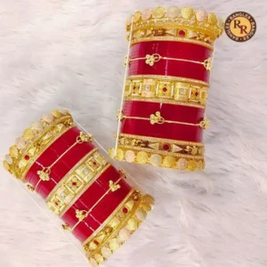 Red Gold Geometric Rajwadi Bridal Chura Set | Square Panel Coin Drop & Ruby Stone Embellished Royal Rajwadi Chura | Wedding & Bridal Wear Wholesale Chura Set
