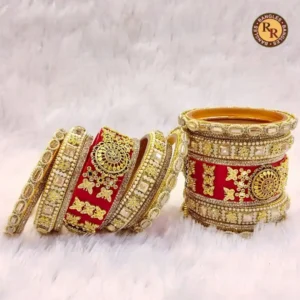 Red Kundan Medallion Rajwadi Bridal Chura Set | Large Kundan Centerpiece & Pearl Border Embellished Royal Rajwadi Chura | Wedding & Bridal Wear Wholesale Chura Set