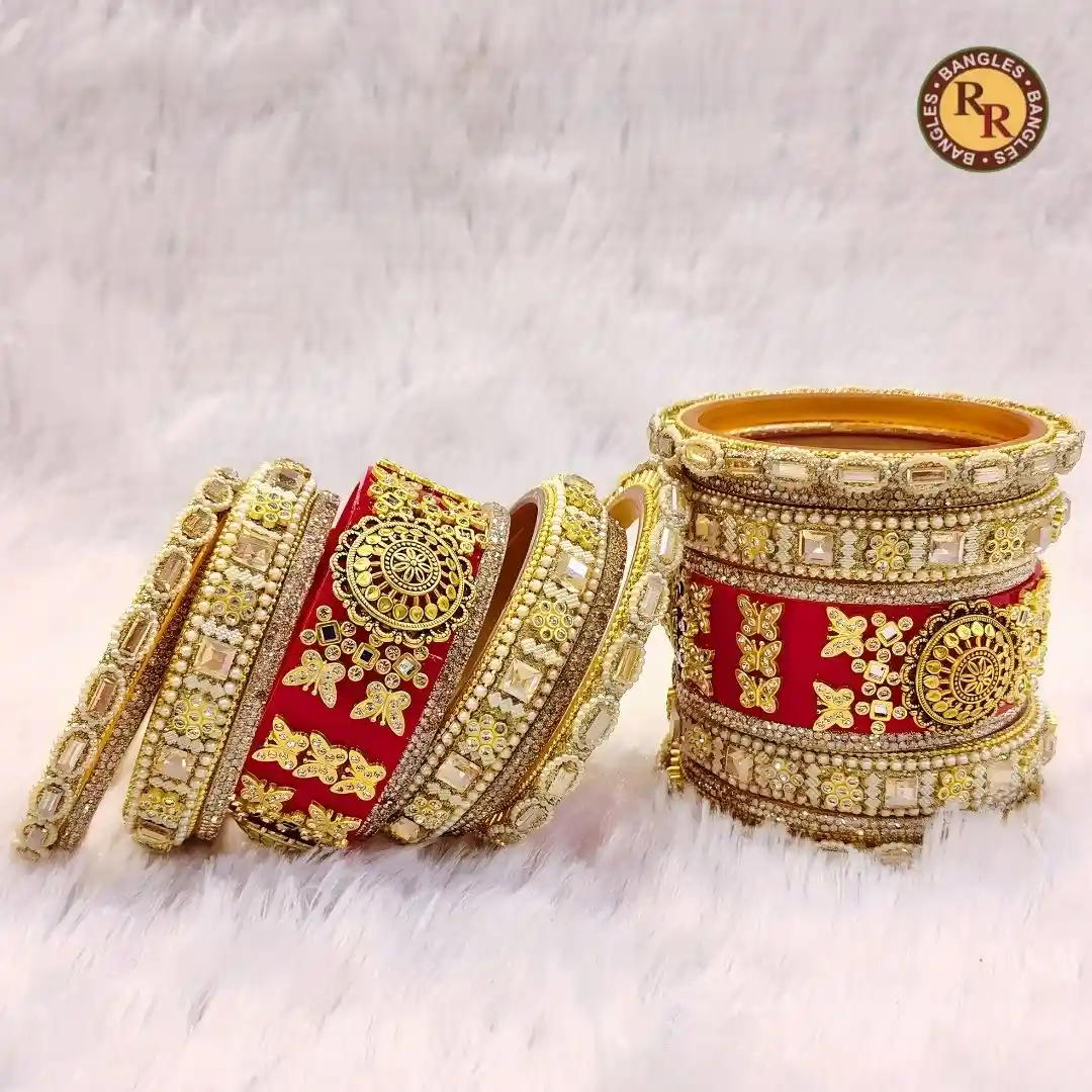 Red Kundan Medallion Rajwadi Bridal Chura Set | Large Kundan Centerpiece & Pearl Border Embellished Royal Rajwadi Chura | Wedding & Bridal Wear Wholesale Chura Set