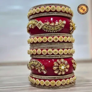 Red Lac Bridal Chura Set | Heavy Gold Kundan Floral Pearl Work | Wholesale Supplier