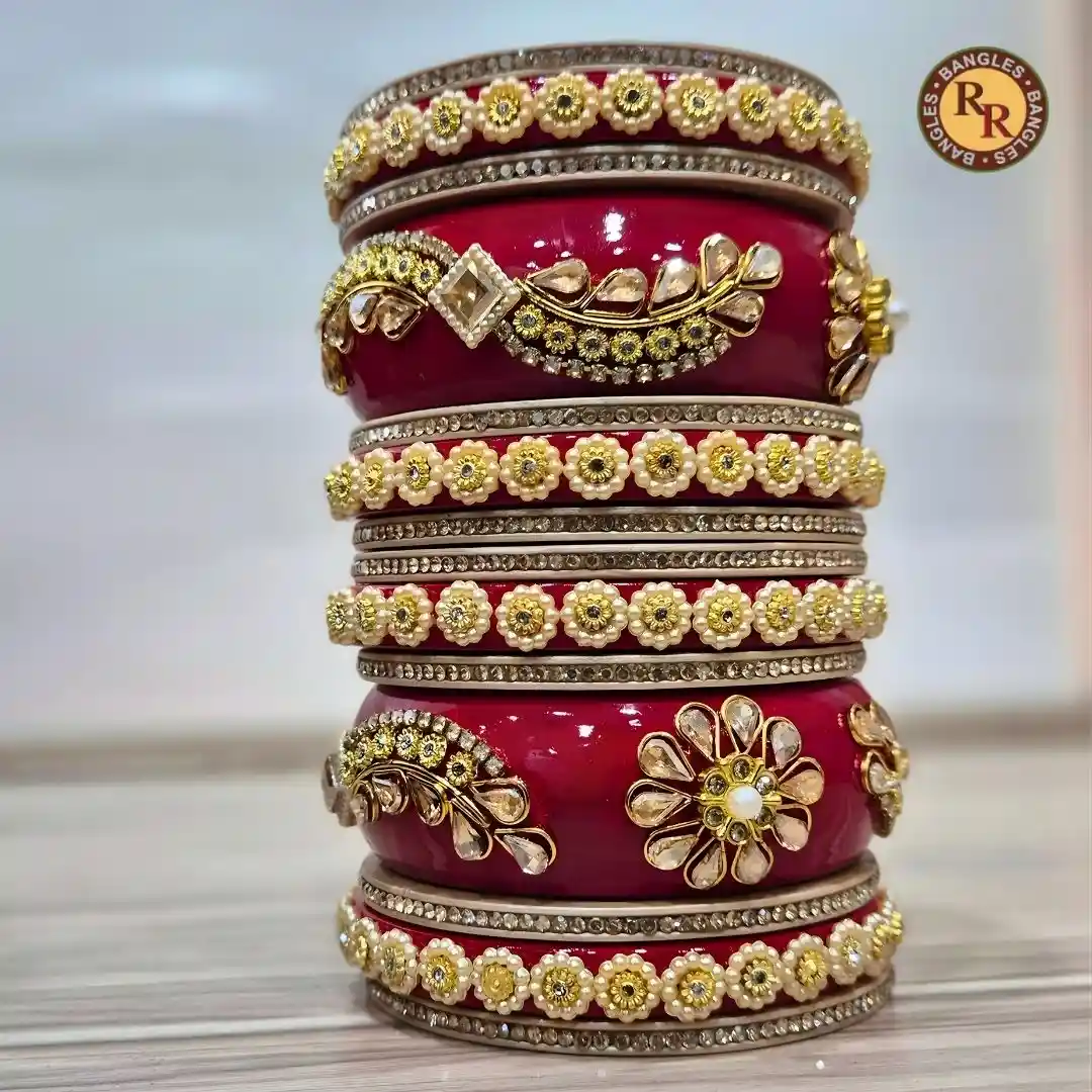 Red Lac Bridal Chura Set | Heavy Gold Kundan Floral Pearl Work | Wholesale Supplier