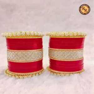 Red Pearl Fringe Punjabi Bridal Chura Set | Gold Zari Center & Hanging Pearl Fringe Border Traditional Punjabi Chura | Wedding & Bridal Wear Wholesale Chura Set